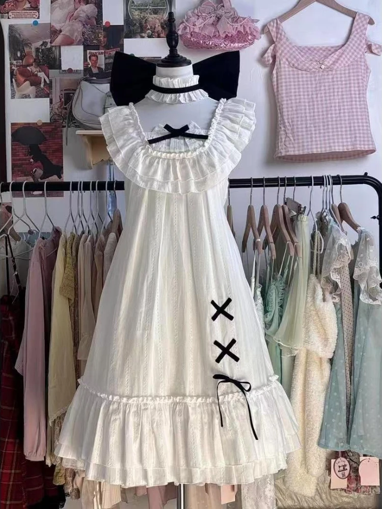 Japanese Kawaii Lace Loose Dress Women Fashion Casual Square Neck Bow Puff Sleeve Sweet Dresses Summer Design New Lolita Outfits