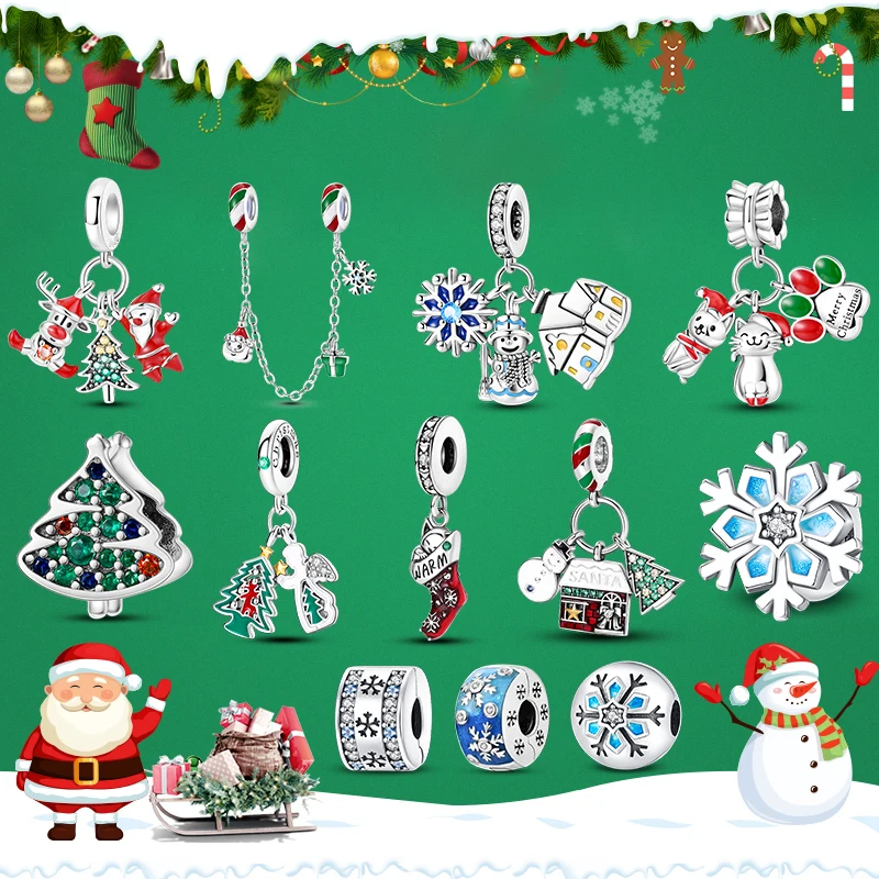 Christmas Charms Silver Plated Santa Claus Stocking Pendant Snowflake Snowman Tree Bead Fit Pandora Original Bracelet DIY