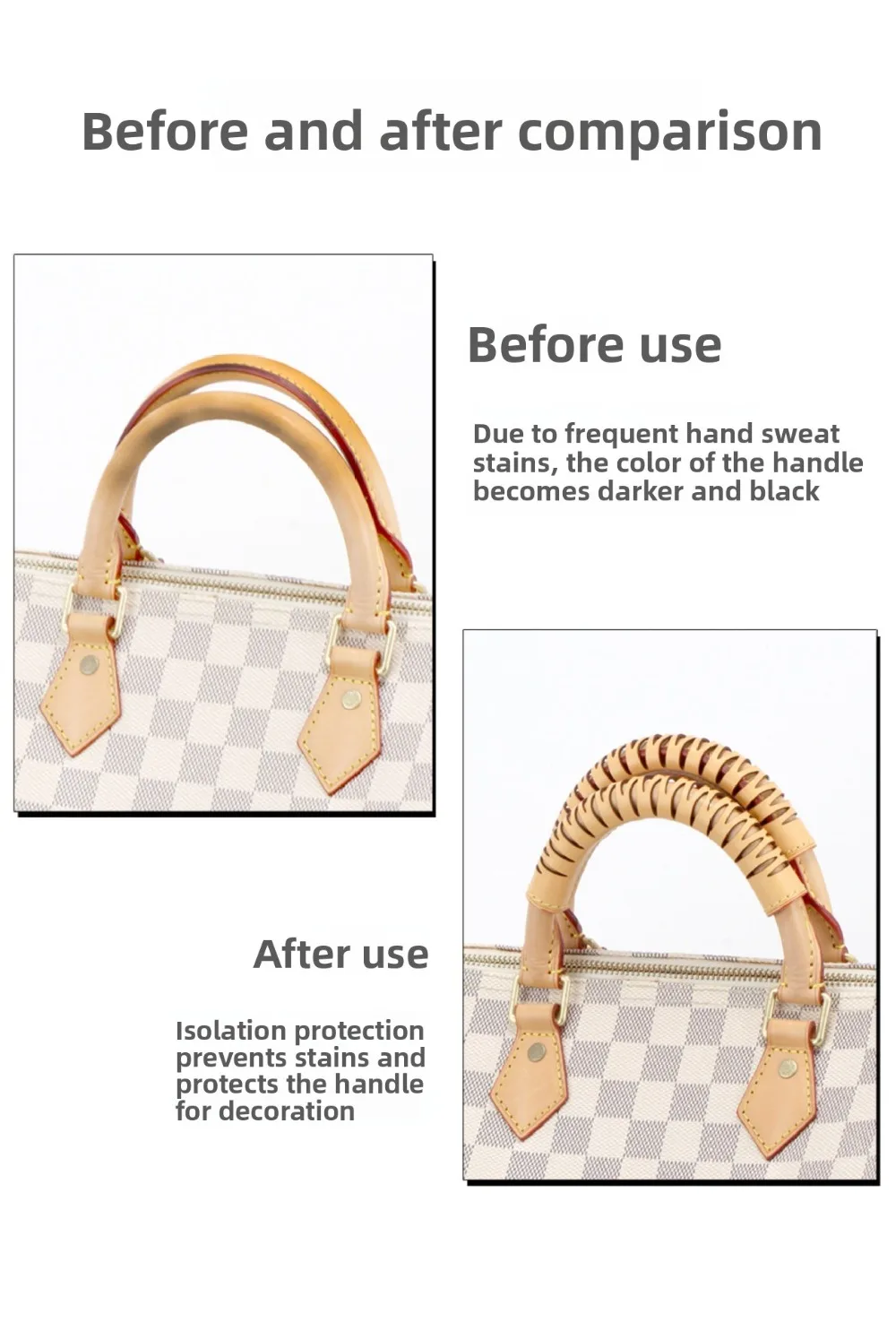 واقي المقبض السريع LV الفاخر من الجلد المدبوغ بالخضراوات الأصلي، غطاء مقبض حقيبة مصمم فاخر، ملحق حماية