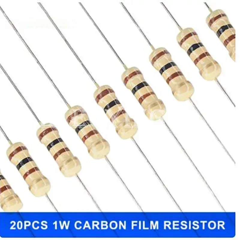 20PCS 1W Carbon Film Resistor 5% 0R-20M 1K 10K 4K7 20K 100K 200K 560K 1M 10M Ohm Color Ring Resistance 1R 10R 47R 100R 220R 500R