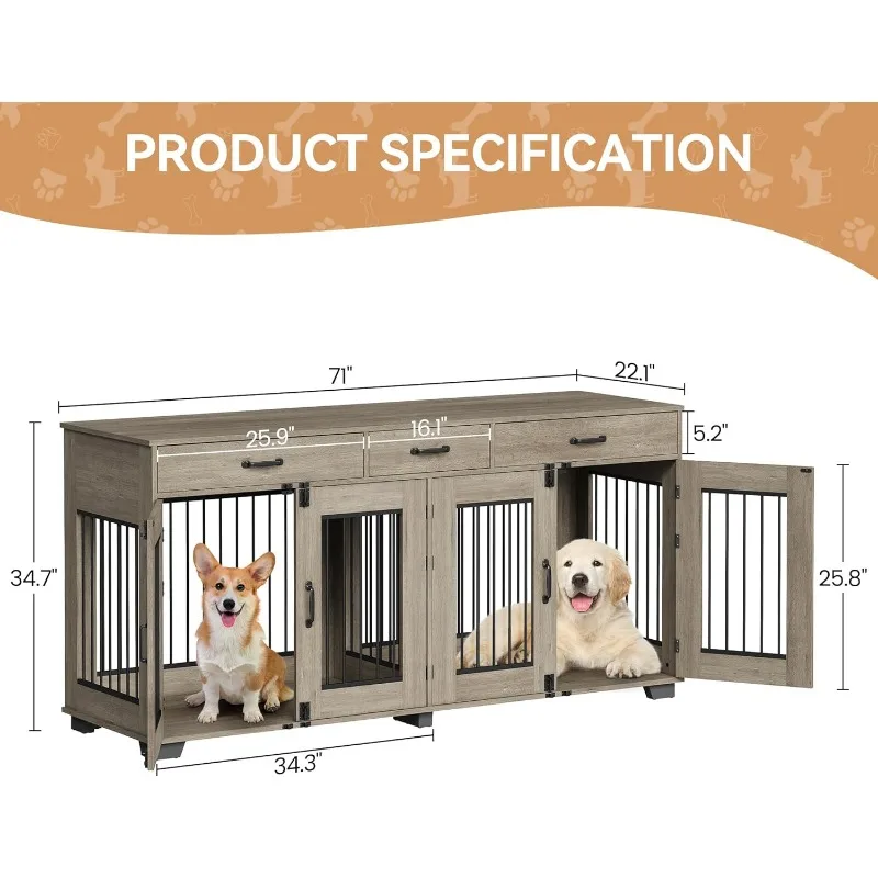 71'' hondenkratmeubilair voor 2 honden, houten dubbele hondenkrat met 3 laden en verwijderbare kamerverdeler, XXL hondenkennel voor binnen