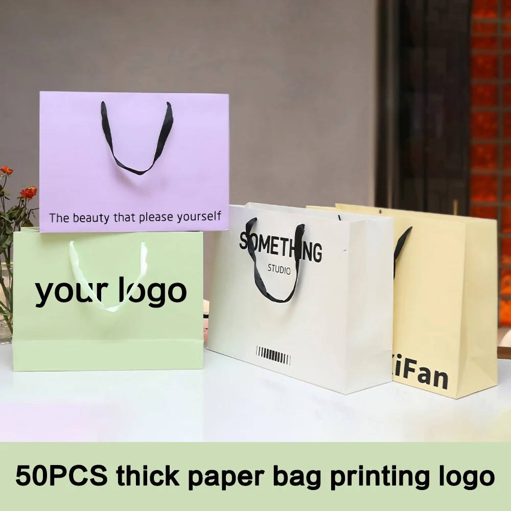 

50pcs Thick Paper Bags Custom logo Gift Tote Bag printing logo Paper Shopping Bag double sided Printing Logo free design