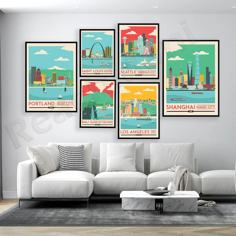 Boston, New York City, Portland, Los Angeles, London, Seattle, Singapore, Bali, San Francisco, St. Louis, Chicago travel posters