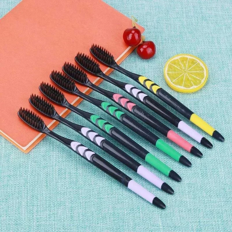 10pcs Toothbrush Soft Bristle Adult Bamboo Charcoal Household Fine Wool Toothbrush Antibacterial for Family Men and Women