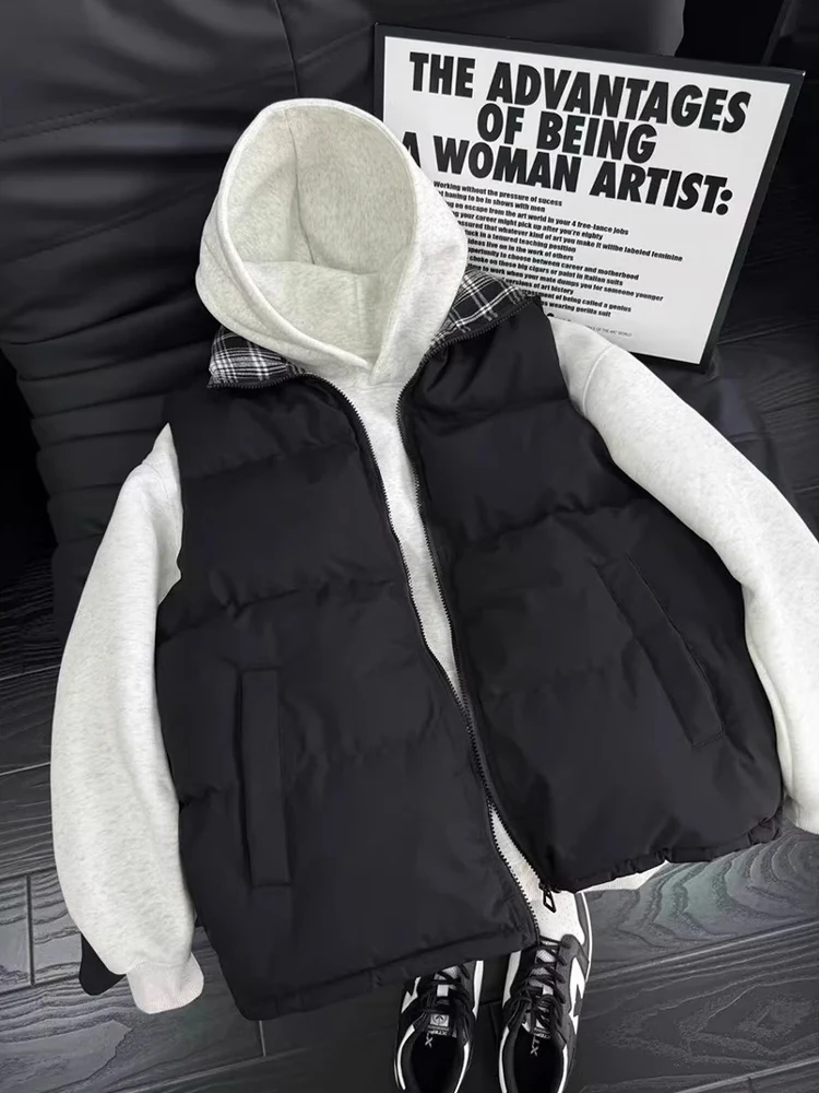 

Retro Plaid Splicing Cotton Jaet Vest Bla Cleanfi for Men And Women Autumn Winter American Sle oulder Pad Stand Collar