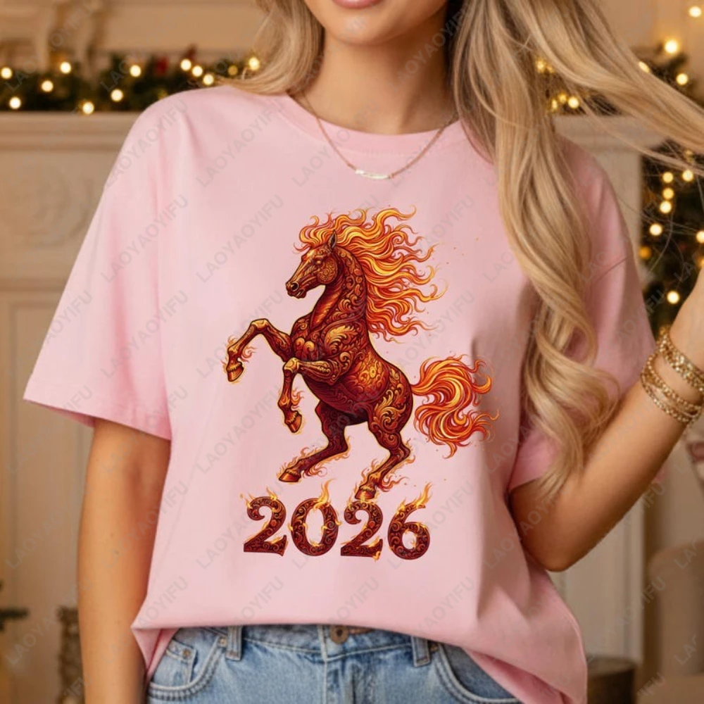 

Year of The Horse 2026 Fiery Horse New Year Chinese Zodiac Printed T-shirt Tops Horses Graphic Gift Woman Men Cotton T Shirts