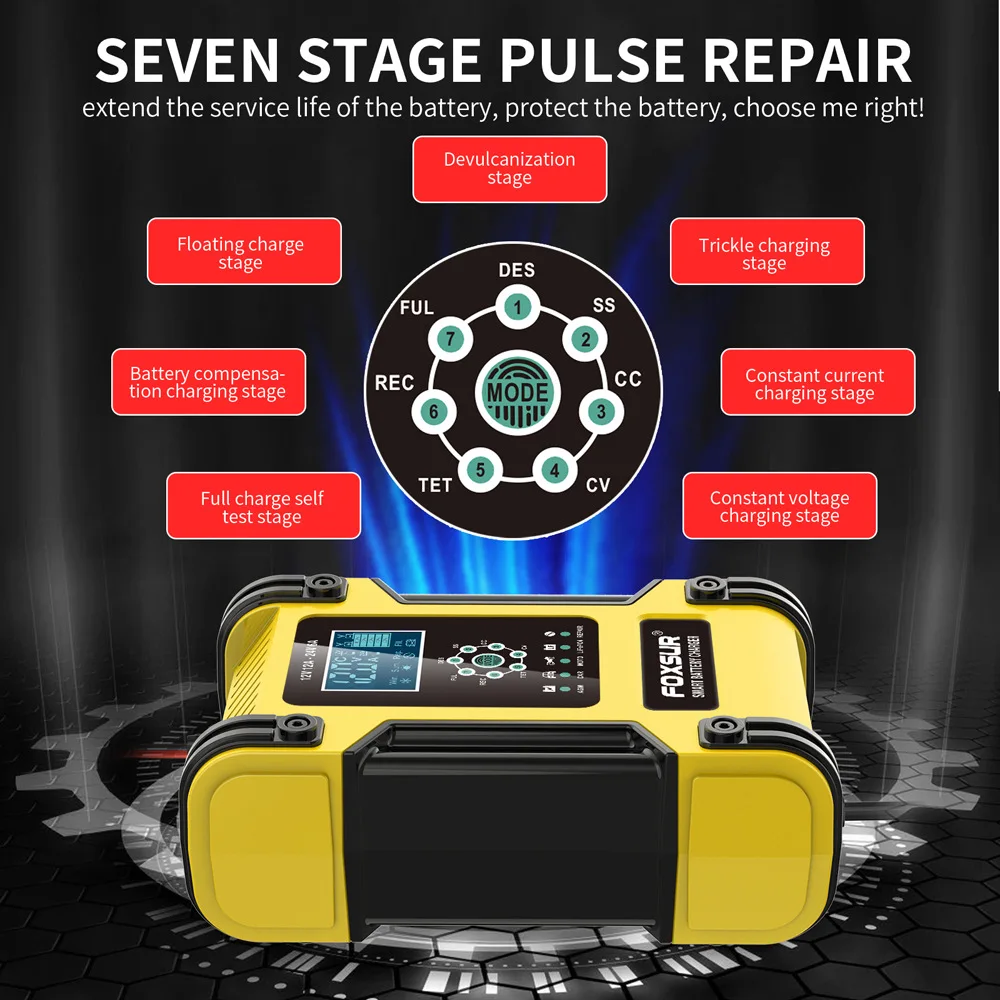 습식 건식 납 산용 12V/24V 12A 지능형 자동차 배터리 충전기 7단 자동 배터리 충전기 파워 펄스 수리 충전기