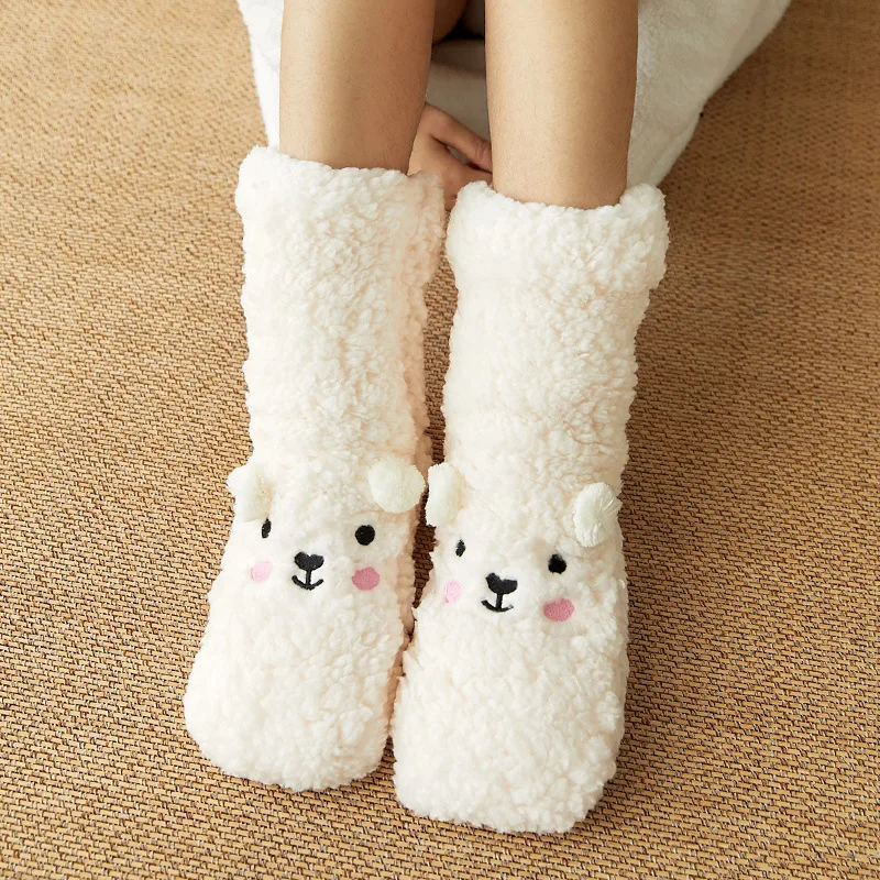 Thermal Socks Fluffy Women Winter Warm Plush Soft Female Silicone Anti Slip Non Kawaii Funny Cute Bear Short Fuzzy Socks Casual