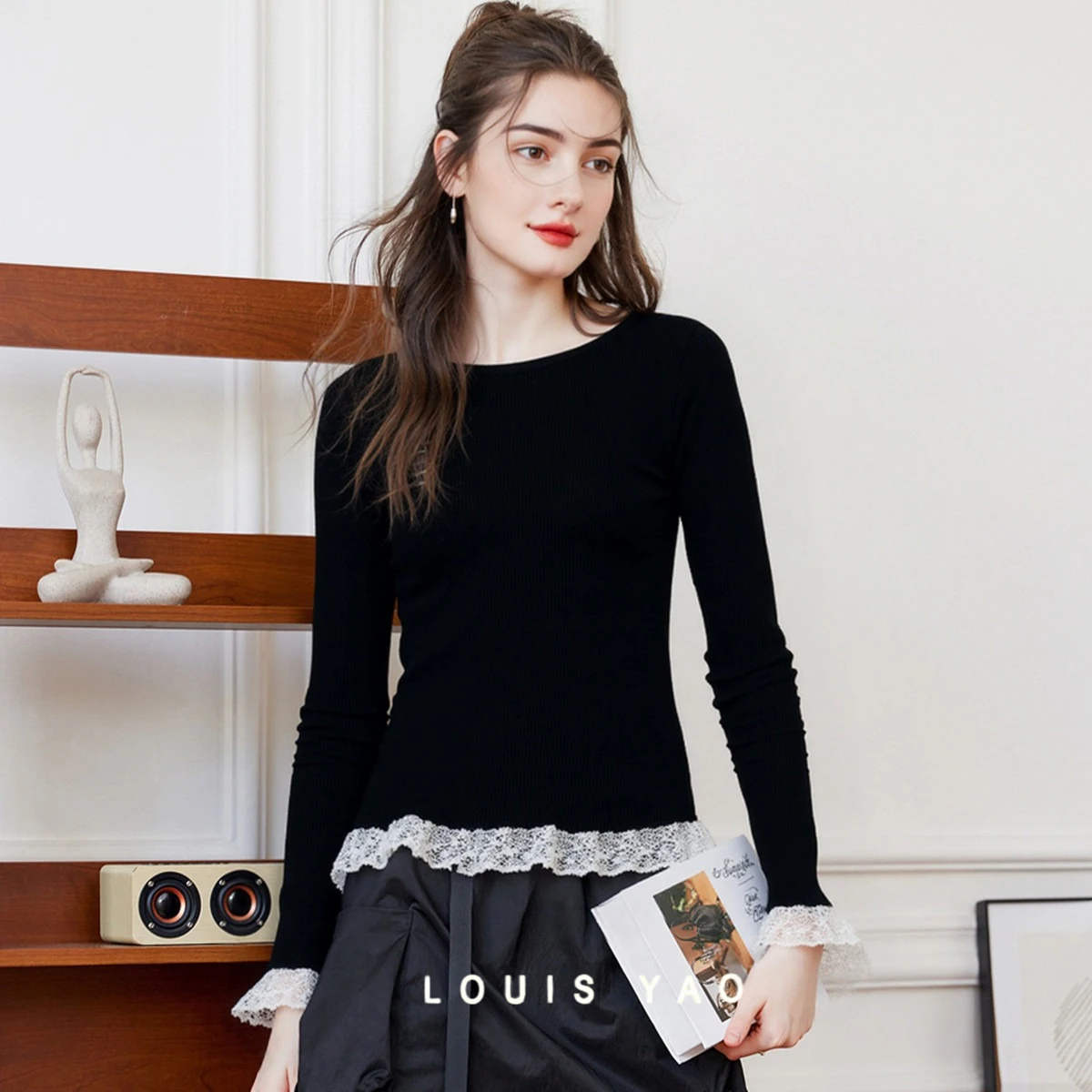 

LOUIS YAO, новые кружевные женские вязаные пуловеры контрастного цвета с длинными рукавами, осень 2022, топы, трикотажная рубашка, женский свитер