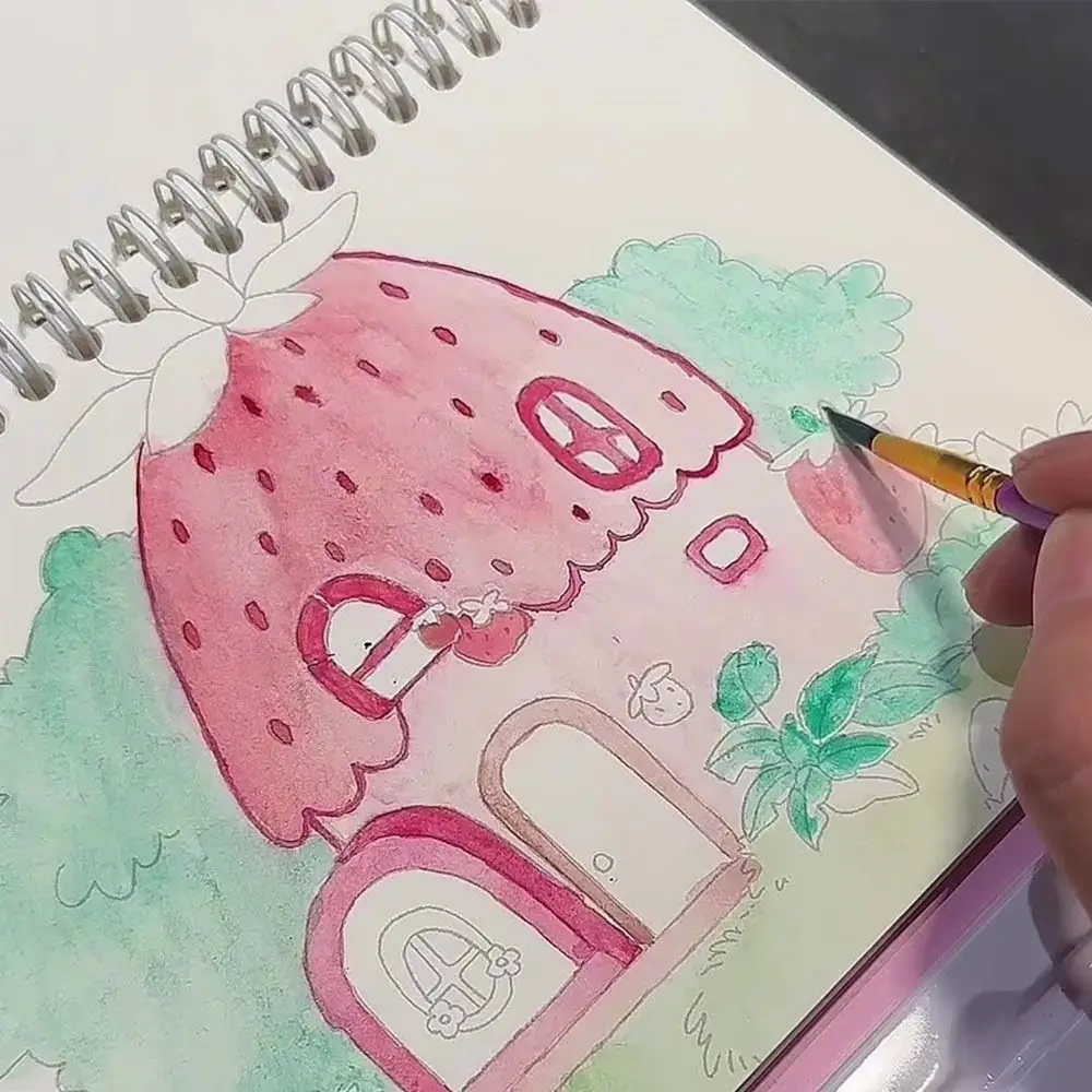 كتاب رسم بالألوان المائية الكرتونية مع 8 صبغات ألوان 24 صفحة مجموعة ألوان الغواش فرشاة رسم بنمط غير متكرر