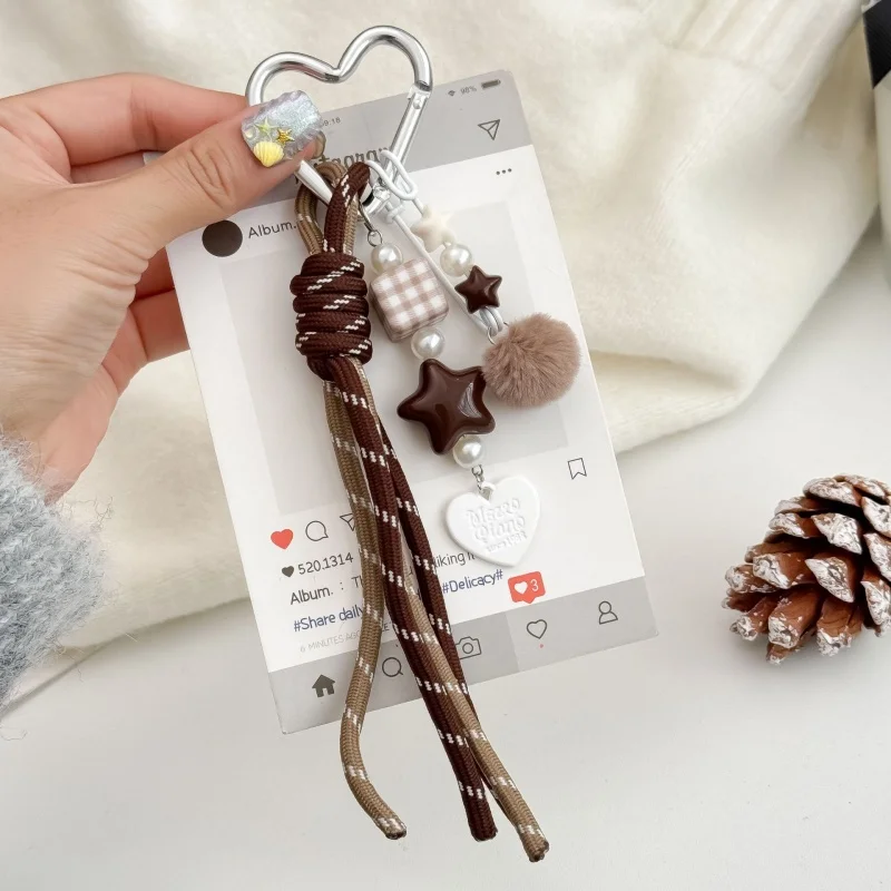 New Heart Bag Charm - Brown Star Keychain | Nylon Rope Pendant Stylish Purse Charms for Women's Handbags, Backpacks & Totes