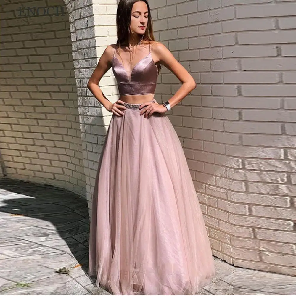 

ENOCH Fashion 2 Pieces Prom Dresses Sleeveless V-Neck Tulle Party Dresses Spaghetti Straps A-Line Robes De Soirée Custom Made