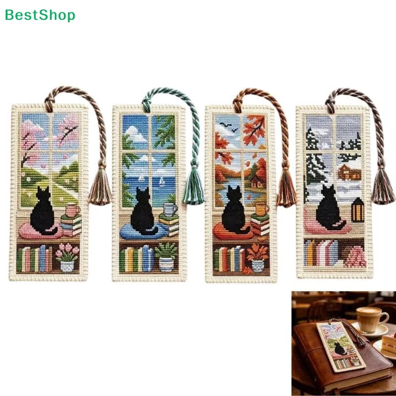〔Q〕DIY Seasonal Cat Cross Bookmark Material Kit Handcrafted With Braided Rope Book Page Marker Embroidery Kit Women Girls