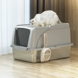 Fully Enclosed Cat Litter Box Stainless Steel Cat Toilet Large Anti-Splash Pet Toilet Convenient Flip Up Cat Toilet Bowl