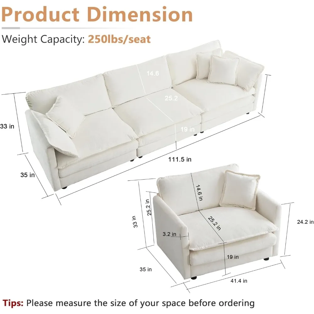 طقم أريكة فاخر مكون من 3 قطع، قطعتين من أريكة فردية وقطعة واحدة مكونة من 3 مقاعد، طقم أرائك سحابة مريحة من الشنيل الحديث مع 7 قطع