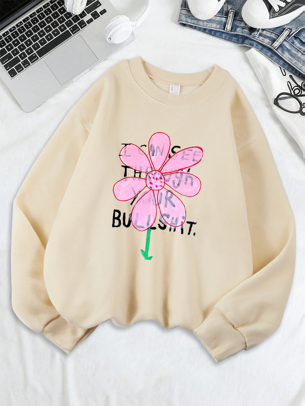 I Can See Through Your Bullshit Prints Sweatshirts Damen Fleece Warme Winter Hoodies Lose Lässige Pullover Rundhalsausschnitt Weiche Kleidung