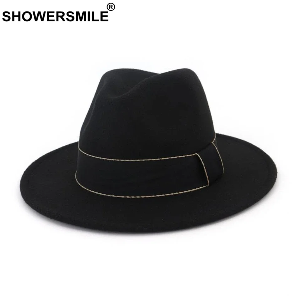 

SHOWERSMILE Burgundy Felt Hat For Women Wool Fedora Hat British Style Female Spring Autumn Woolen Wide Brim Ladies Panama Hats