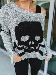 2024 New Women's Sweater Fashion Skull Pattern One Collar Loose Casual Versatile Knitted Sweater