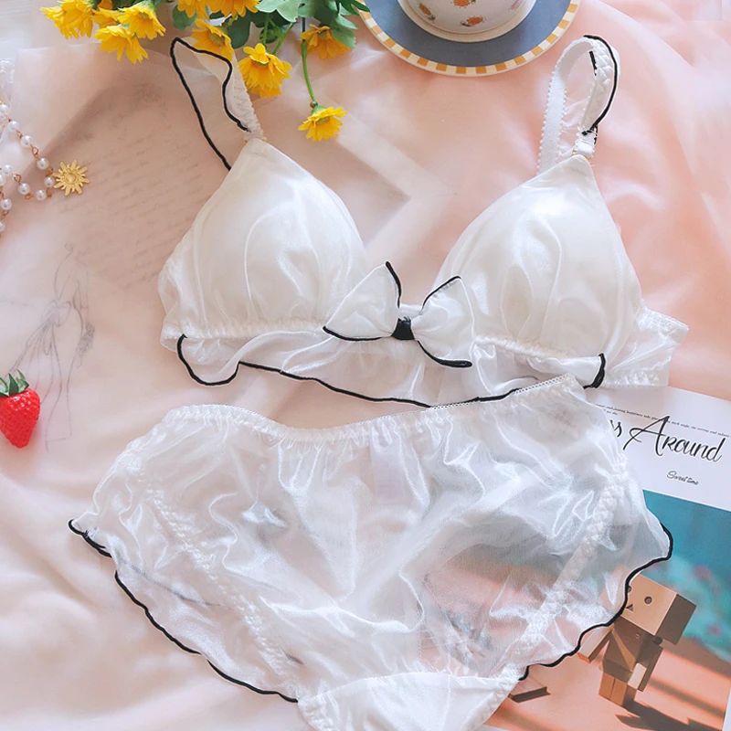 Bow girl underwear white color women lingerie to sparkle summer thin fairy no steel ring bra panty set