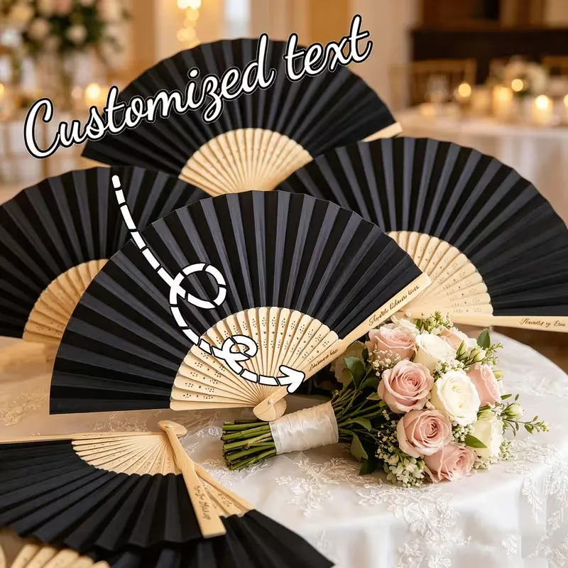 Summer Hand-Cranked Folding Fan, Personalized Custom Hand-Cranked Fan, Black, Bamboo Paper Fan, a Must-Have Item for Outdoor Trips, Summer Fan Gift Set, Includes Mesh Bag and Thank You Card, Can Also Be Used as Wedding Favors, Graduation Season Gifts, Etc view 3