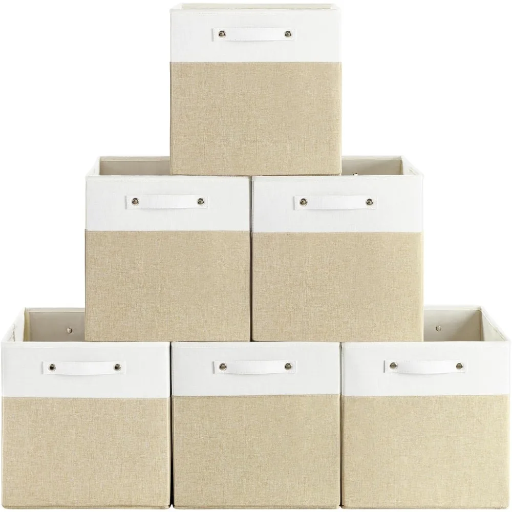 

13x13 Inch Foldable Linen Storage Bins with Handles, Collapsible Organizers for Home & Closet (White/Khaki-6 Pack)