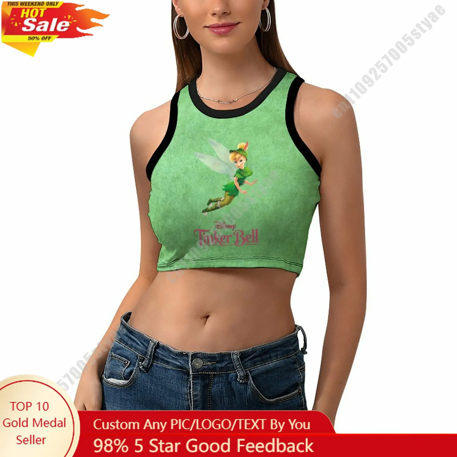 

Tinker Bell Vest Disney Pattern Custom Photo Text Crop Tank Racerback Vest Personalized Graphic Sleeveless Crop Top