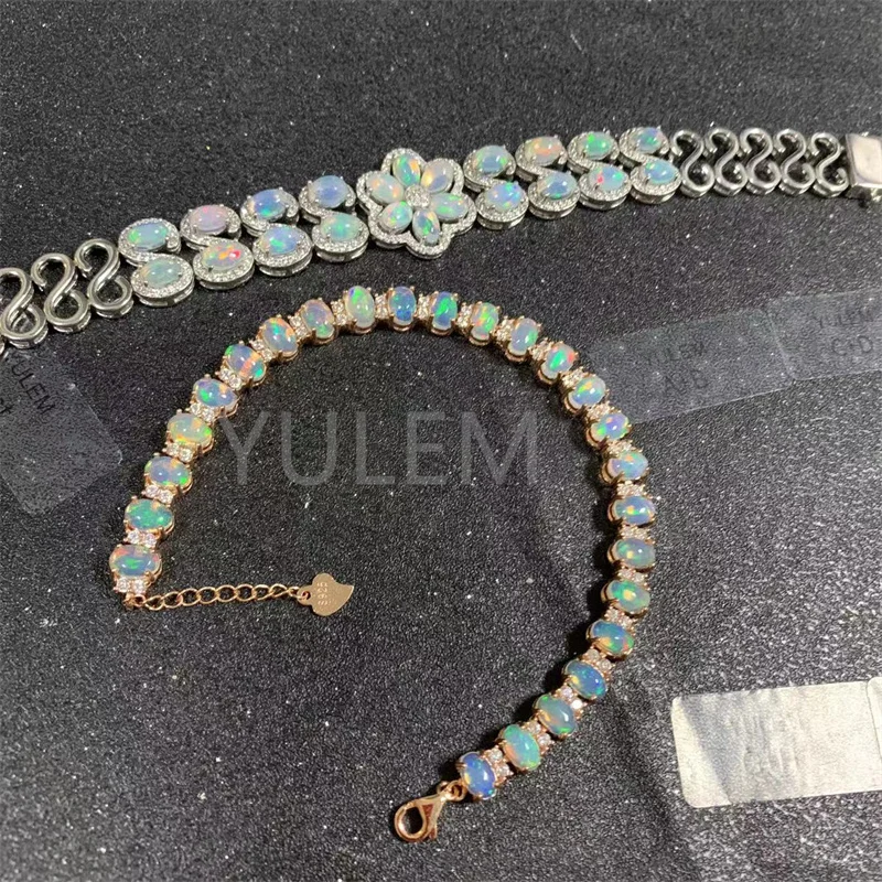 YULEM New Design for Natural Opal Flower Design 4x6mm 22pcs or 25pcs 925 Sterling Silver Charm Bracelet for Women Daily Wear