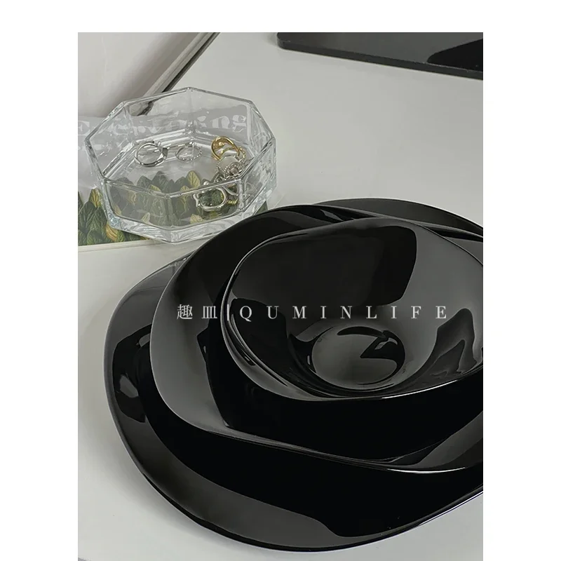 Bowl Black Solid Color Simplicity Irregular Cereals Fruit Breakfast Ceramic Tableware Simple Light Luxury Advanced Sense