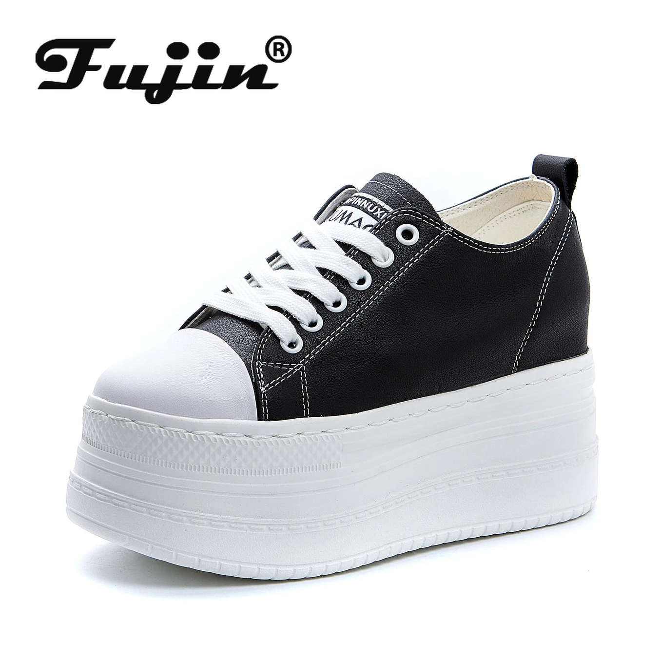 Fujin 9cm Full Cow Genuine Leather Platform Sneakers Wedge Super High Heel Women Casual Shoes Chunky Sneakers Summer Autumn