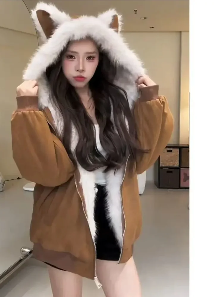 Płaszcz z grubym futrem damski American Gyaru Acubi Ropa Mujer Streetwear Punk Gothic Vintage Chaquetas Fleece Coat