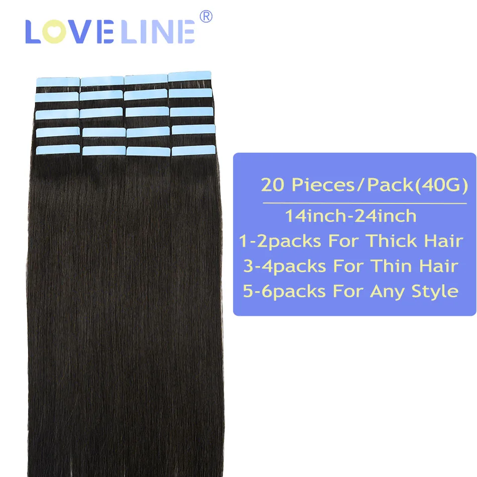 LOVELINE Tape in Hair Extensions 2G/PCS Invisible Skin Weft Natural Black Pre Bonded Hair Extension Tape Bond Remy Virgin Hair