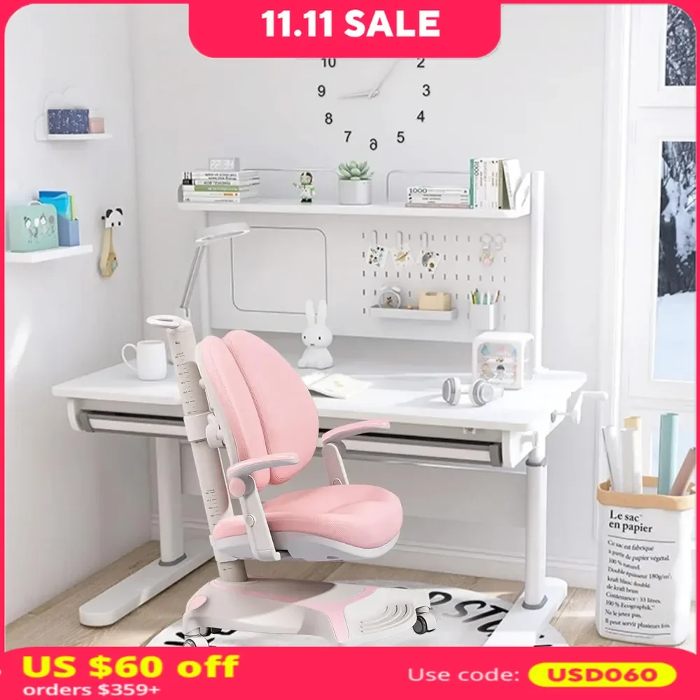 Children's Study Table and Chairs, Bookshelf with Height-Adjustable Chair, Tiltable Table Top, Children's Desk and Chair Set