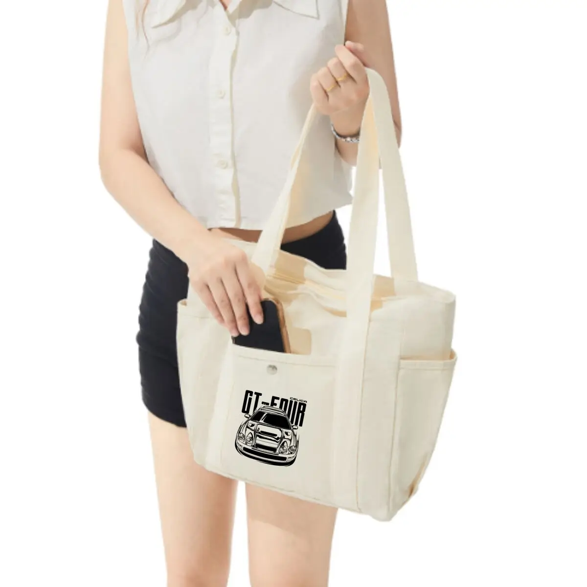 GT - Four Car Auto Art Design Canvas Multi-Pocket Shoulder Bag Shopping Grab-and-Go Bag