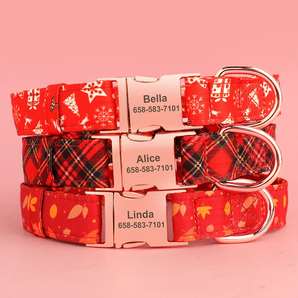 Personalized Christmas Dog Collar Customized Red Plaid Pet Collars With Bowknot Free Engraving ID Name Tag Pet Accessories