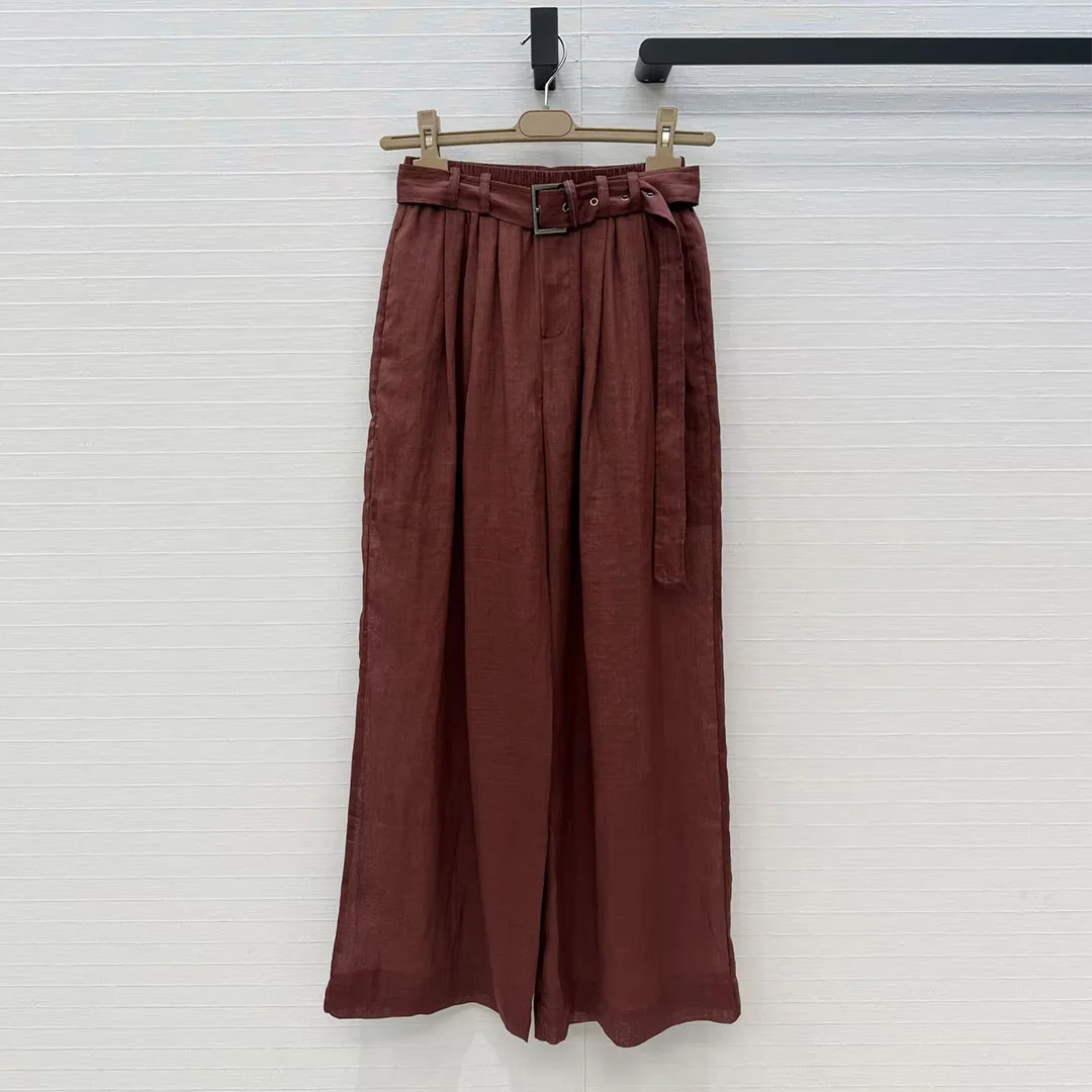 

Роскошные женские брюки в стиле Old Money из 100% рами, широкие, с высокой талией, с поясом, однотонные, свободные, повседневные, летние