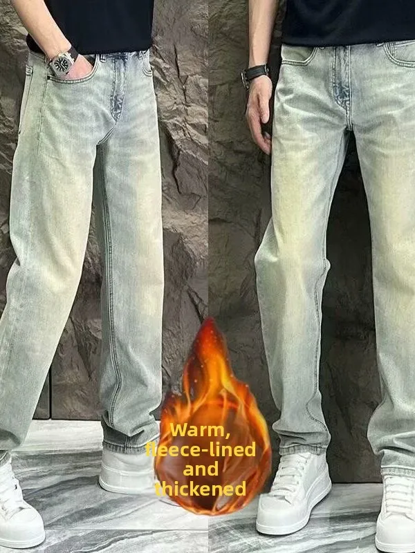 

Зимние прямые джинсы с подкладкой Thiened Fce, мужские повседневные брюки с талией в стиле ретро, теплые износостойкие брюки на молнии с высокой талией