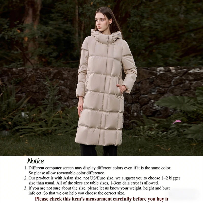 

Women's Apricot Hooded Knee-Length Down Coat 90% White Duck Down Filled Warm Winter