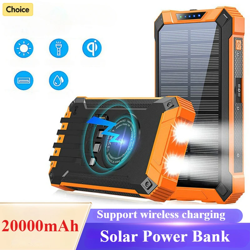 2025 New 20000mAh Triple-proof Wireless Charging Solar Power Bank Large Capacity Outdoor Charger Portable External Battery