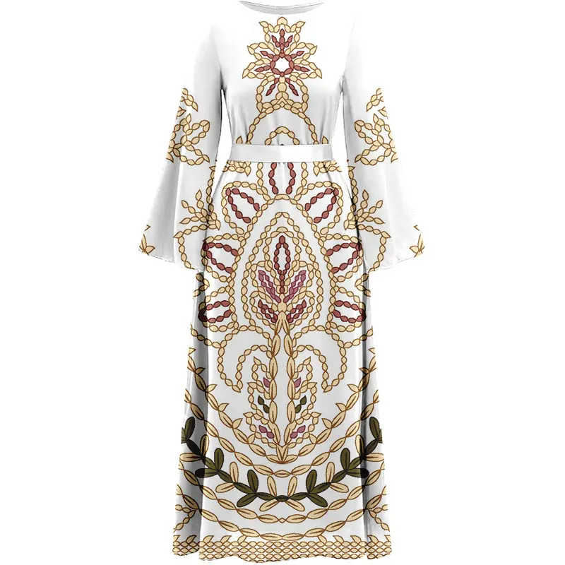 Musulmano turchia O-collar hallow Long Dress Arabia Vintage Printing abiti da esterno da donna Ramadan Girdling abiti a maniche lunghe