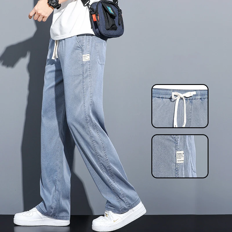 

Summer Soft Lyocell Fabric Men's Jeans Thin Loose Straight Pants Drawstring Elastic Waist Korea Casual Trousers Plus Size