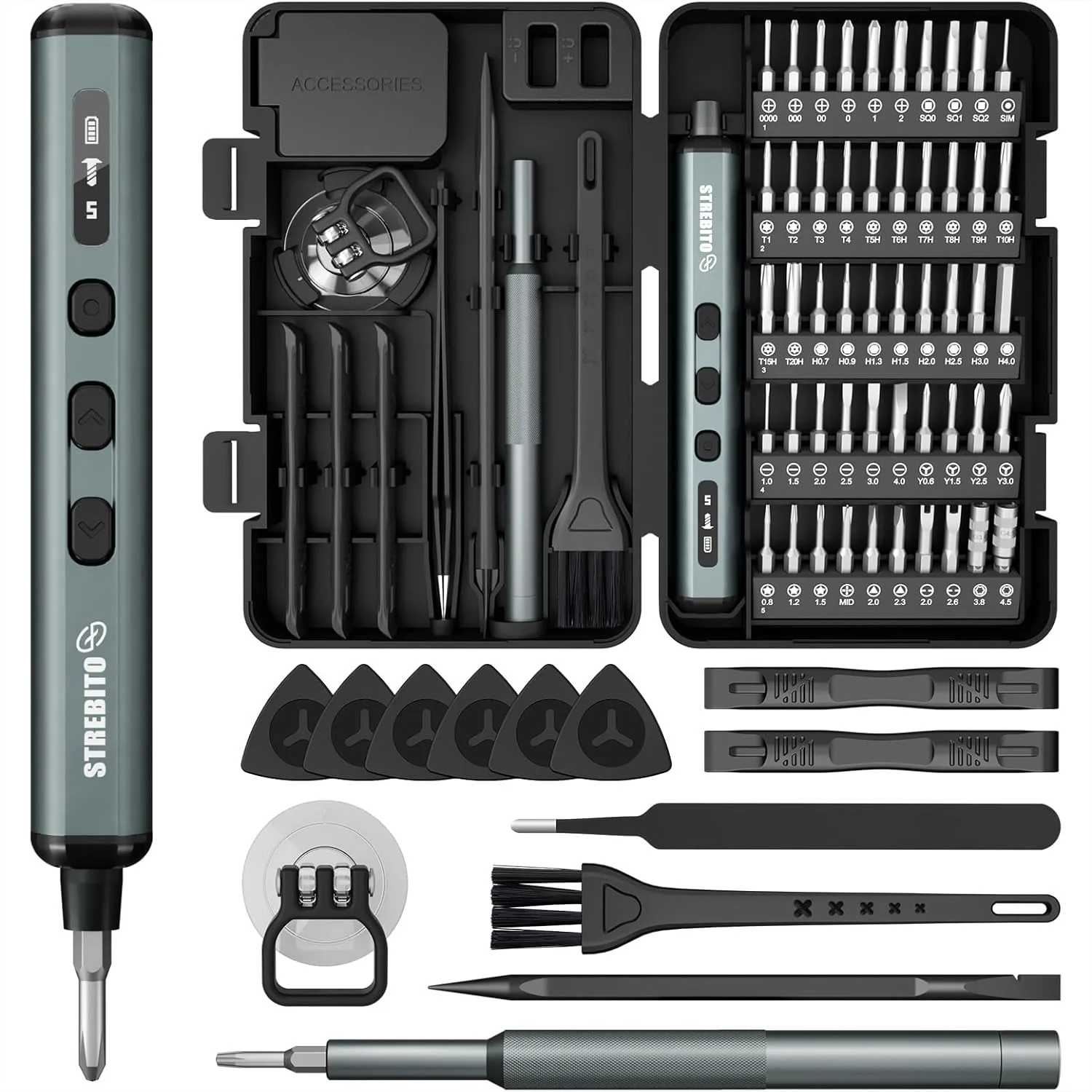 

Mini Electric Screwdriver Kit with 67 Bits, 5 Torque Settings, Rechargeable for PC Electronics - Organized Storage