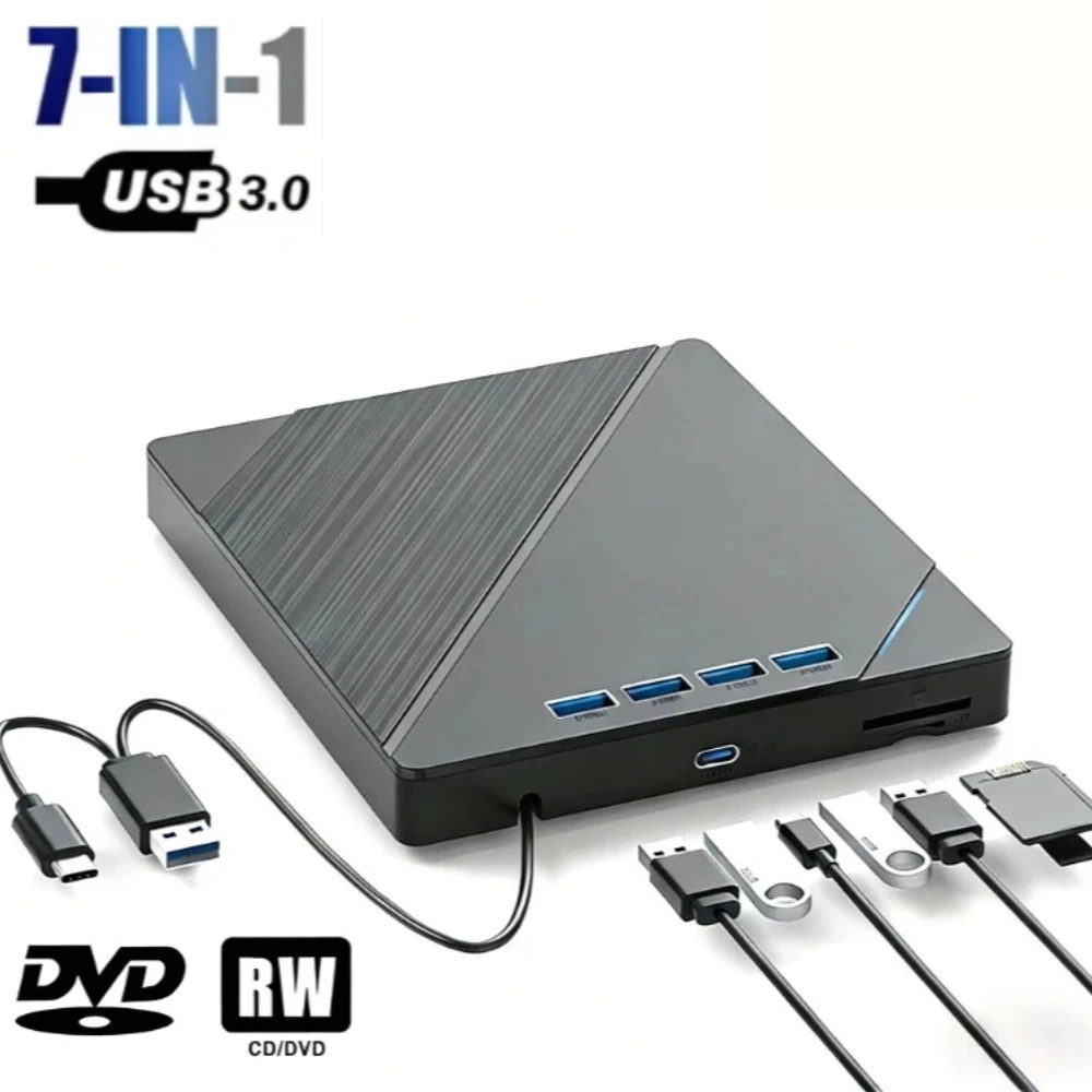 7-in-1 USB3.0&Type C CD DVD Recorder Player Writer External DVD Burner Optical Drive Portable CD/DVD Reader For Desktop Laptop