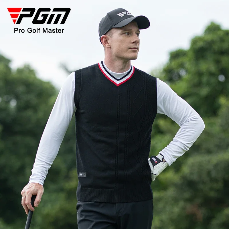 PGM Winter Keep Warm Men Golf Vest Male Knitted V-neck Waistcoat Men Fleece Patchwork Sleeveless Sweater Casual Golf Shirt M-2XL