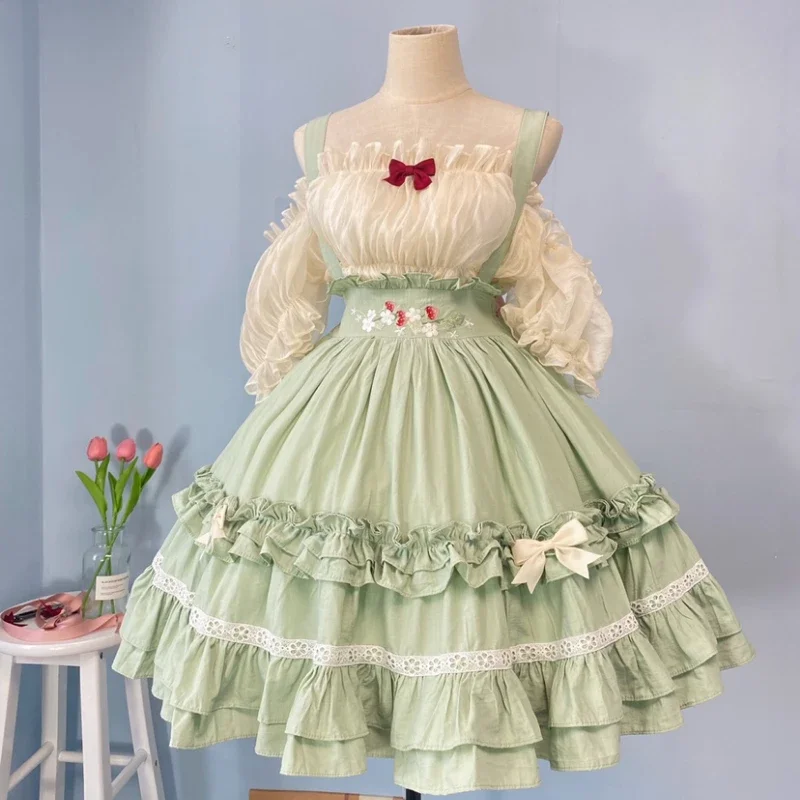 Japan Victorian Style Lolita Dresse Women Off Shoulder Chiffon Shirts Sweet Strawberry Strap Dress Suit Girls Gothic Cosplay Set