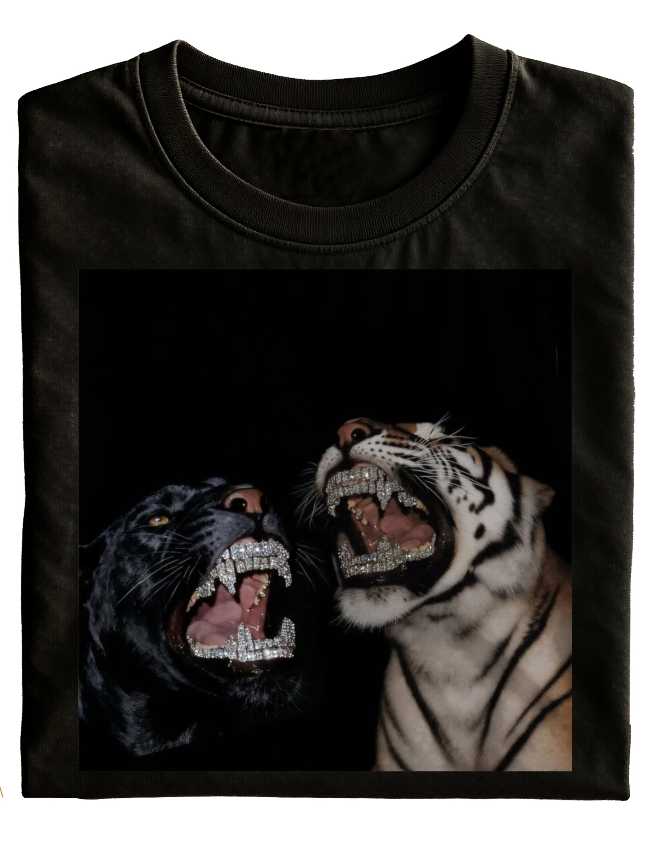 Funny Panther And Tiger with Diamond Teeth Printed T-Shirt Black Animal Graphic Design for Casual Wear Gift Idea  Percent Fashionable Versatile Holiday Style, Plus Size