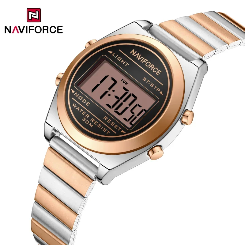 

NAVIFORCE NF5066 Роскошные женские цифровые часы с ремешком из нержавеющей стали и дисплеем даты, часы из закаленного стекла