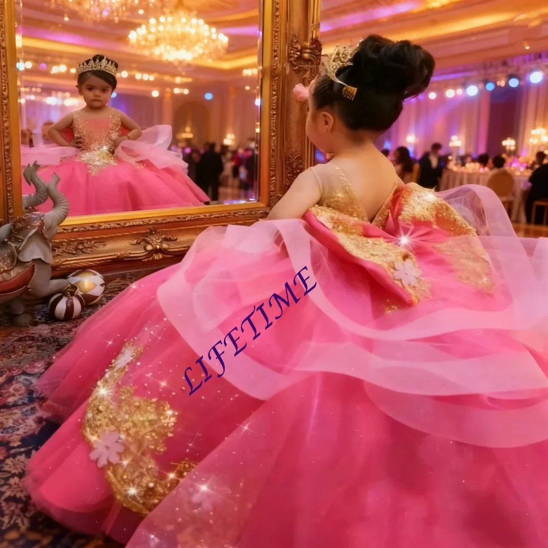 Abiti lunghi da festa per ragazza rosa personalizzati Abiti da cerimonia per feste di spettacoli di compleanno personalizzati con applicazioni dorate