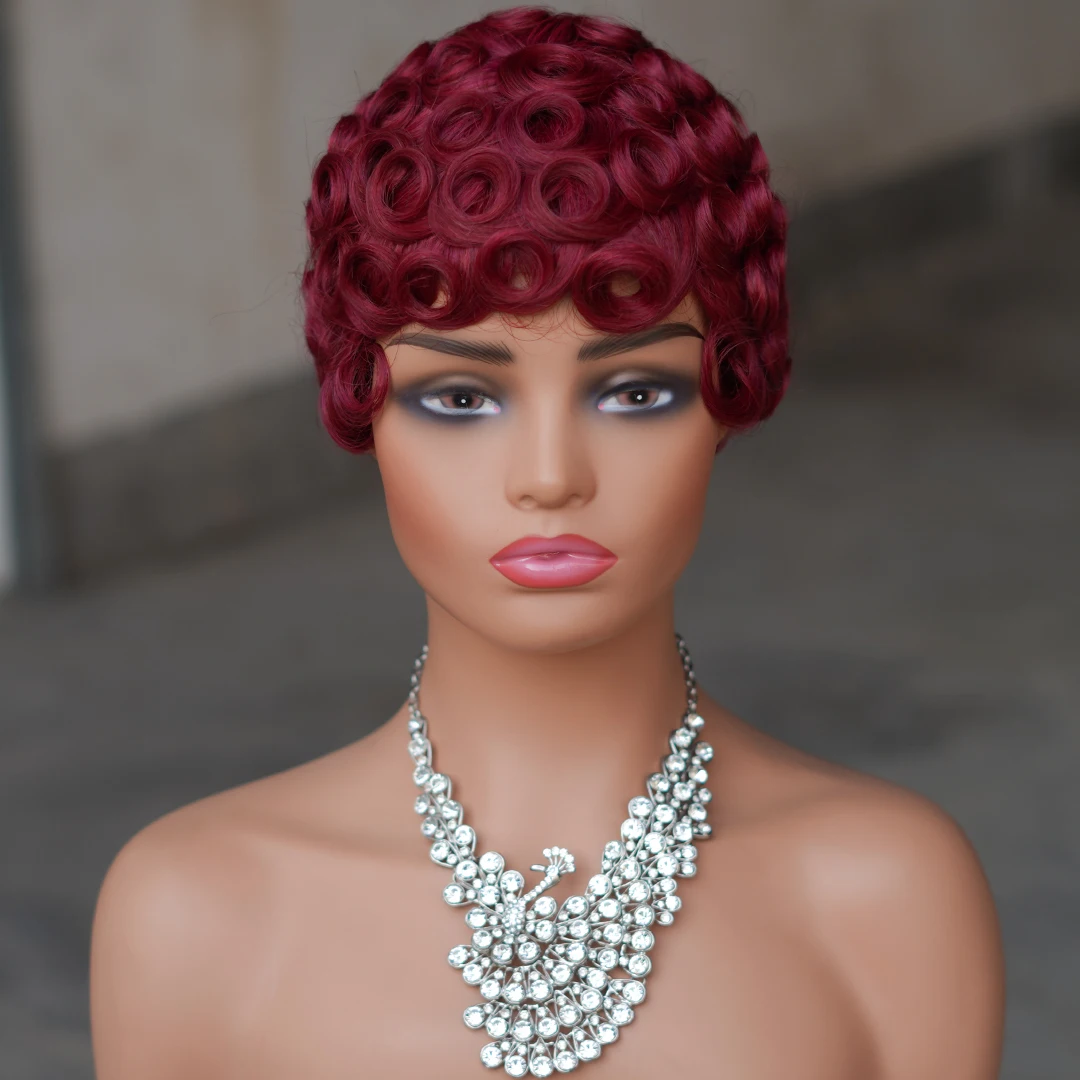 Farbe P427 Echthaar Lockige Pixie-Cut Kurzhaarperücken für Frauen 150% Dichte 6 Zoll Remy-Haar Vollständig maschinell gefertigte Perücken – Detail 3