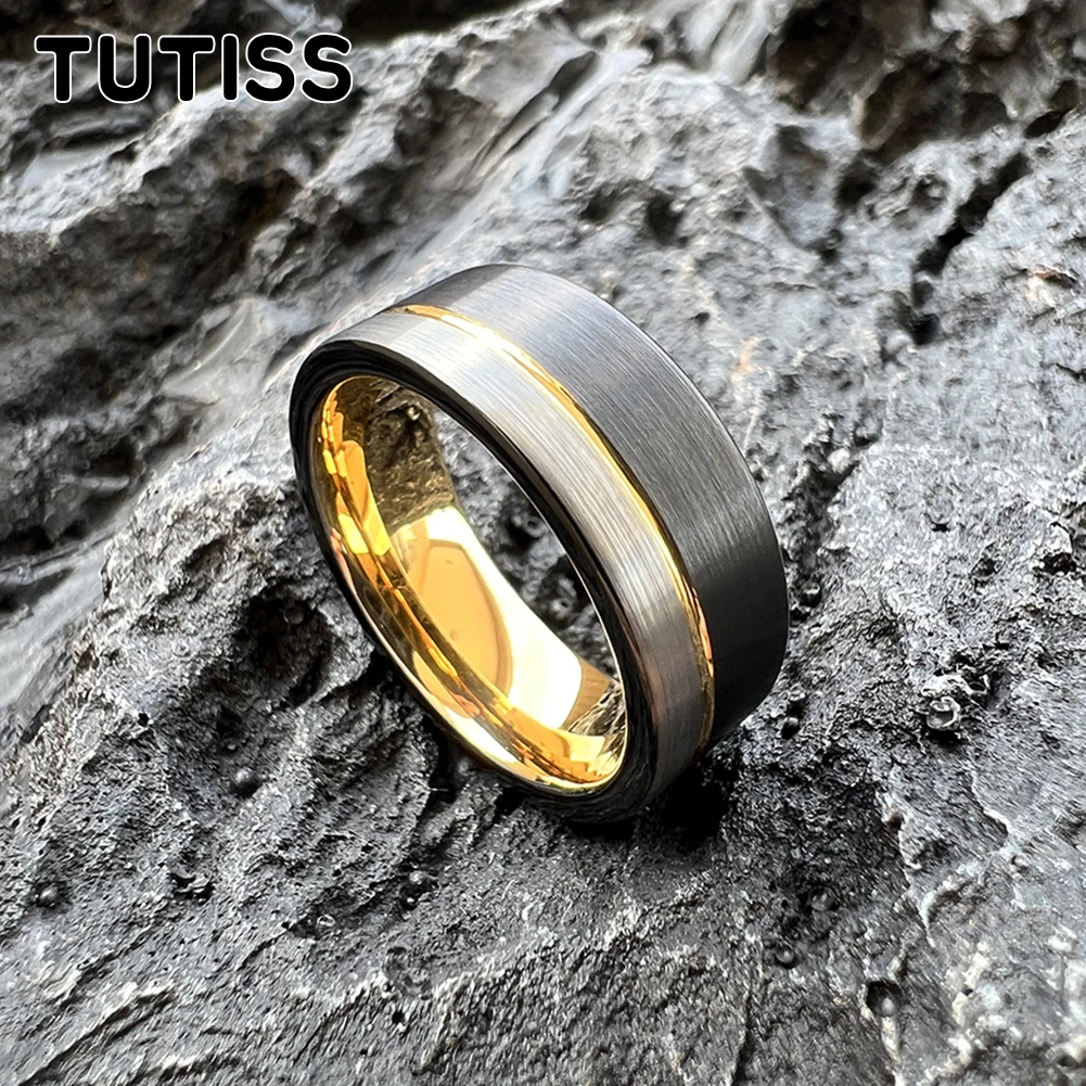 TUTISS Fashion 6MM 8MM Men Women Gold Color Tungsten Carbide Wedding Ring Brush Surface Offset Groove Comfort Fit