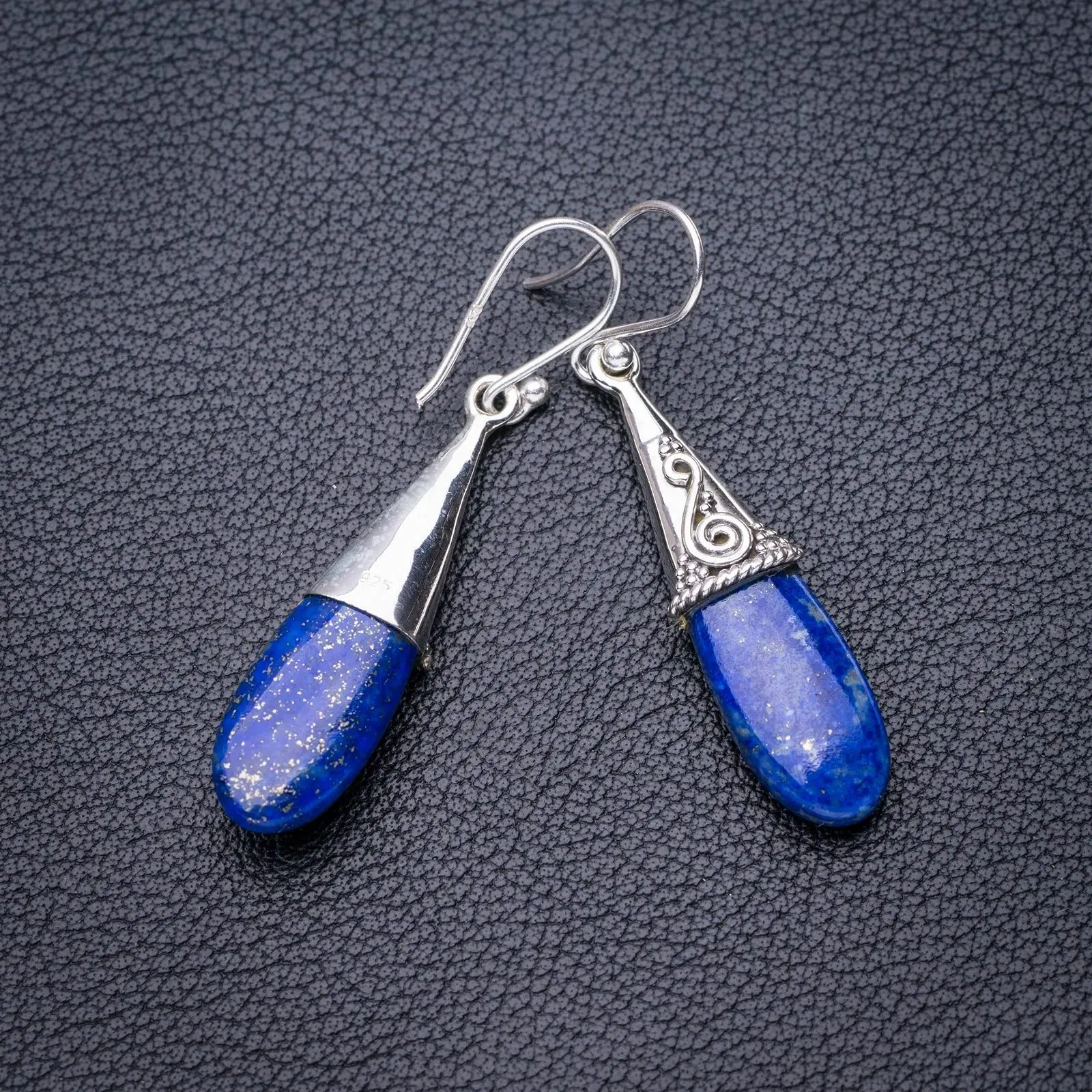 StarGems®Boucles d'oreilles en argent regardé 925 faites à la main, Lapiz Lazuli naturel, 1.75 po, E5348